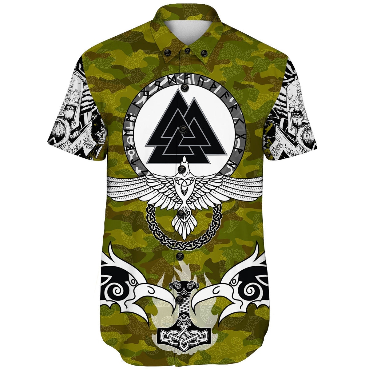 viking-shorts-sleeve-shirts-raven-of-odin-and-symbol-viking-on-camo-background