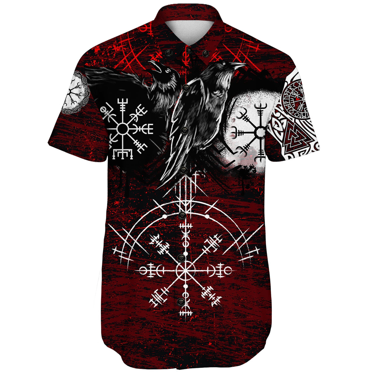 viking-shorts-sleeve-shirts-raven-of-odin-and-symbol-viking-on-blood-background