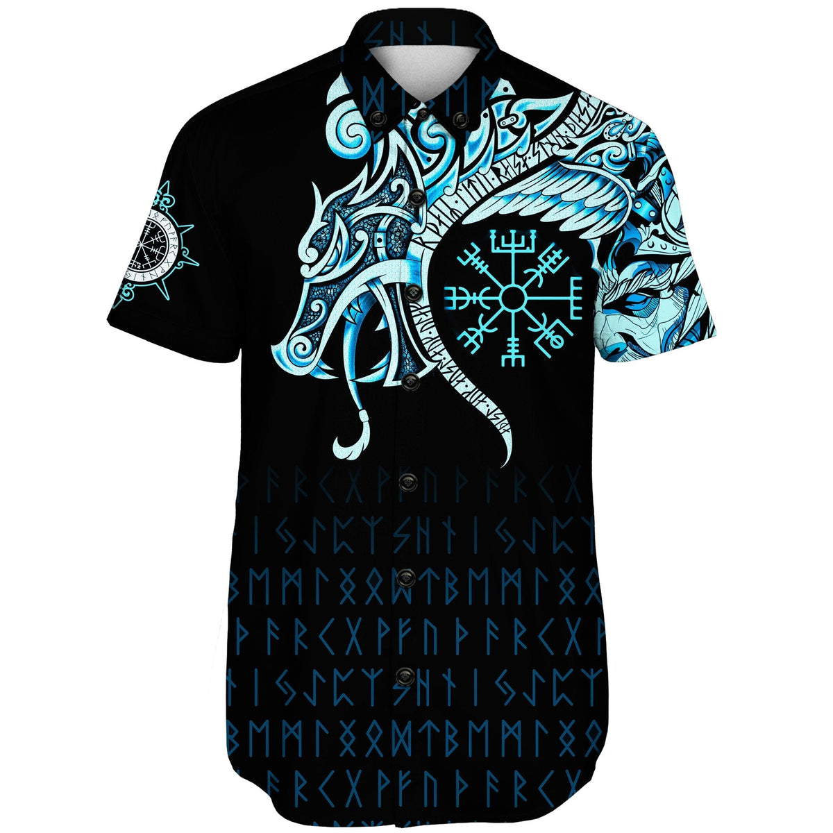 viking-shorts-sleeve-shirt-fenrir-raven-and-vegvisir-tattoo-cyan