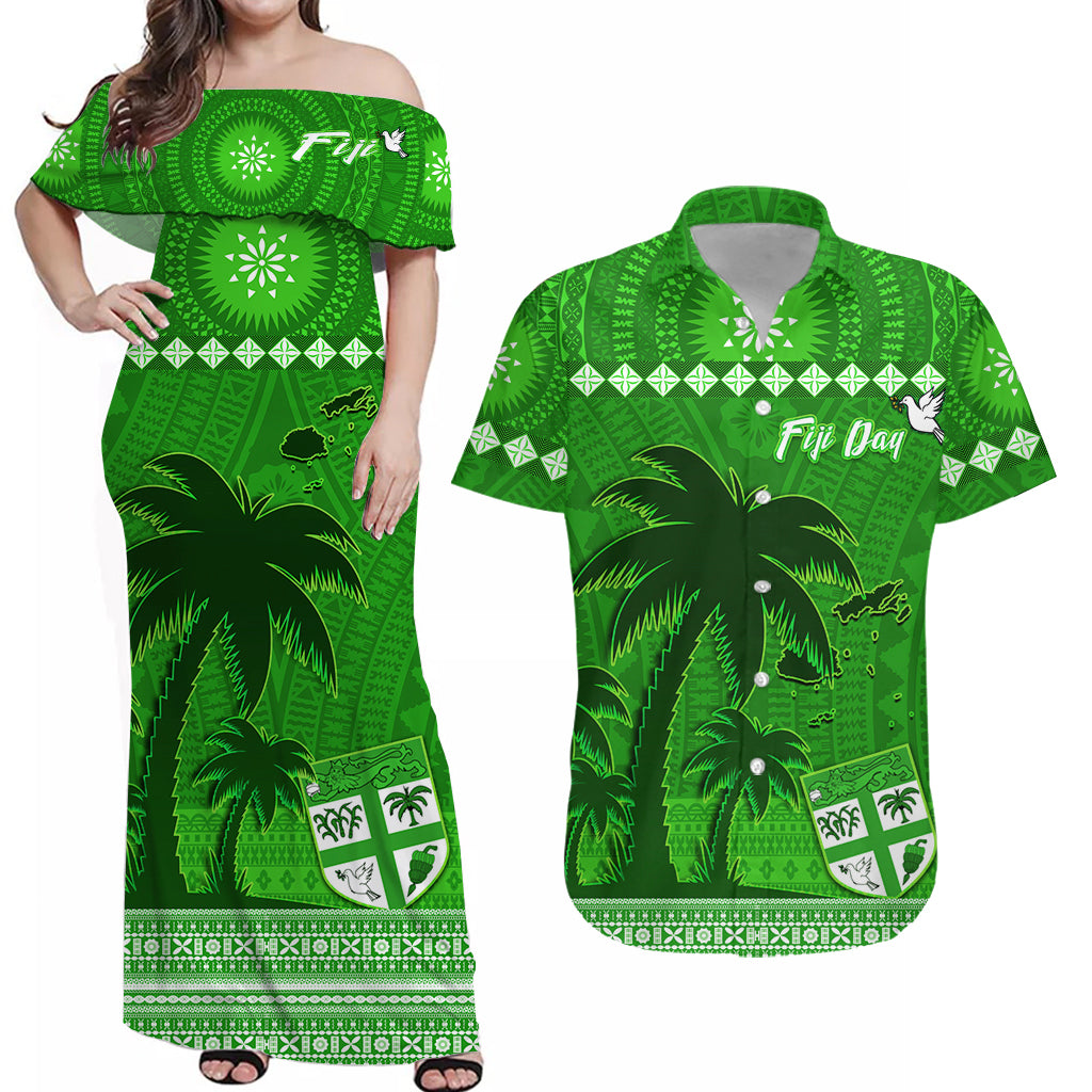 Personalised Bula Fiji Matching Hawaiian Shirt And Dress Fijian Tapa with Palm Tree Green LT13 - Wonder Print Shop