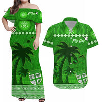 Personalised Bula Fiji Matching Hawaiian Shirt And Dress Fijian Tapa with Palm Tree Green LT13 - Wonder Print Shop