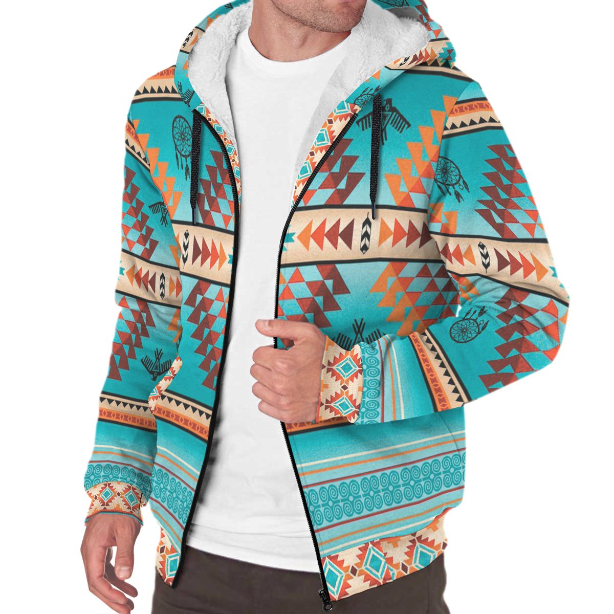 Blue Thunderbird Dreamcatcher Pattern Native American AOP Sherpa Hoodie LT10 - Wonder Print Shop