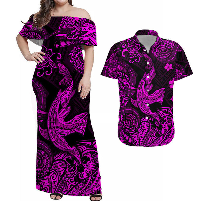Polynesian Matching Hawaiian Outfits For Couples Hawaii Angry Shark Polynesian Dress and Hawaiian Shirt Unique Style - Pink LT8 - Wonder Print Shop