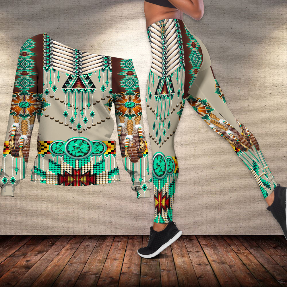 native-american-green-pattern-breastplate-off-shoulder-sweater-leggings-set
