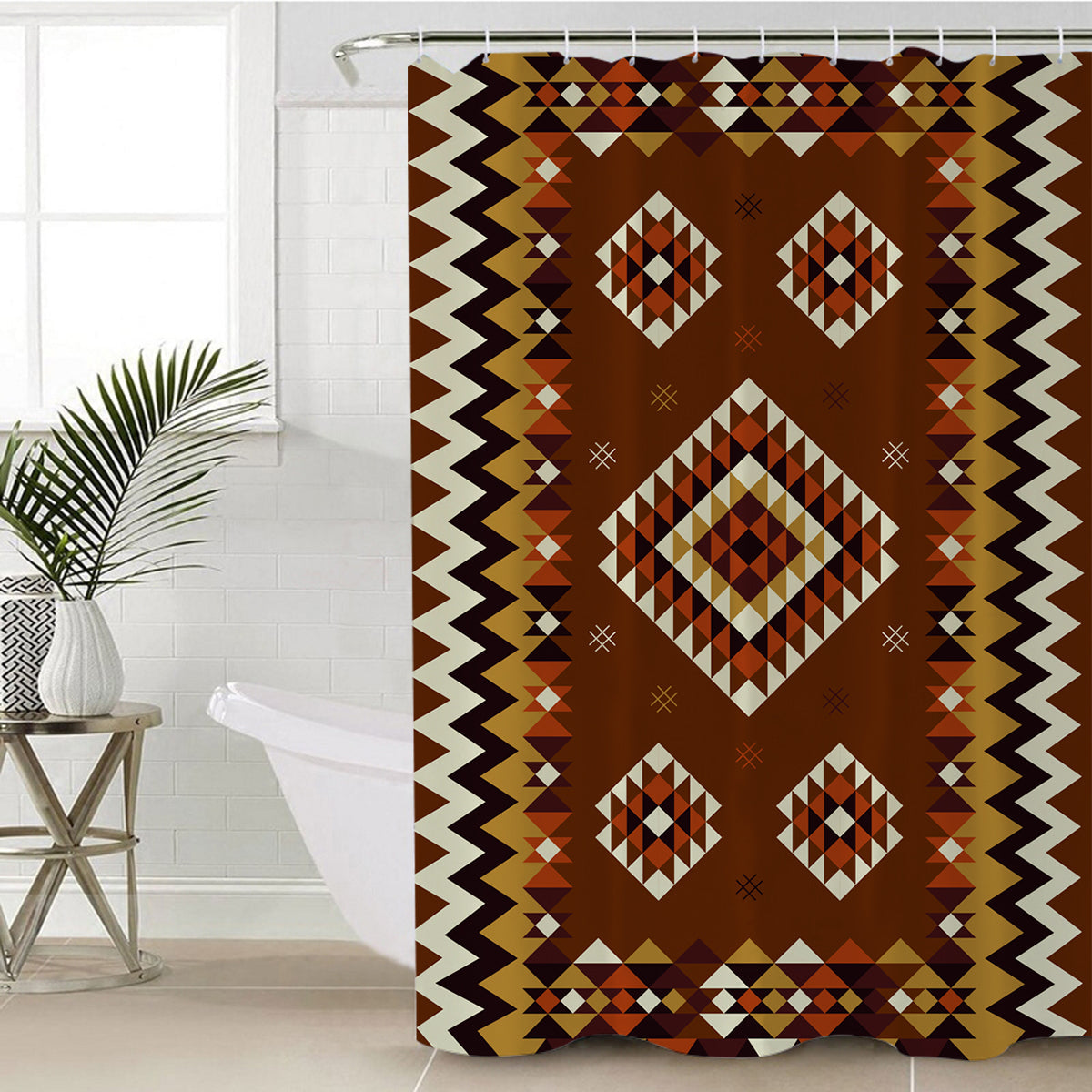 Brown shower curtain with multicolor geometric diamond pattern and zigzag trim, grommets.