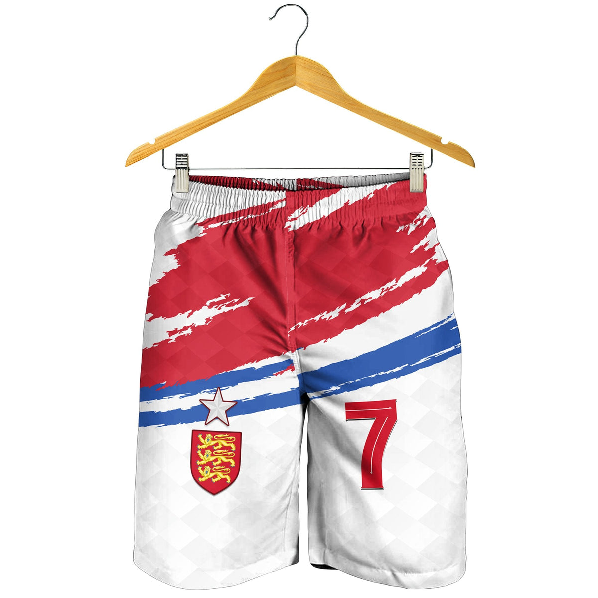 Football shorts on hanger: elastic waist, red white blue stripes, crest star and 7