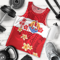 Red tank top flat lay with island emblem, palm trees, and flower pattern