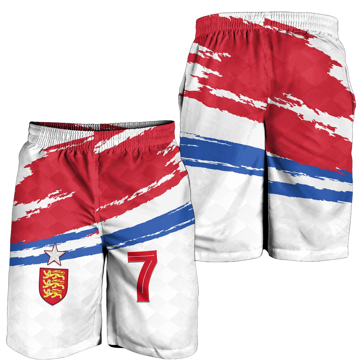 Men’s football shorts: red/white/blue pattern, lion crest star and number 7