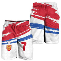 Men’s football shorts: red/white/blue pattern, lion crest star and number 7
