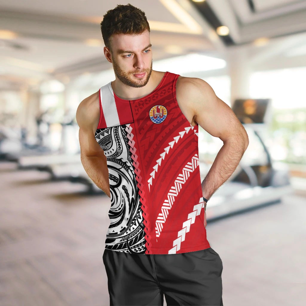 Red Polynesian tribal graphic tank top with sleeveless athletic fit, front view
