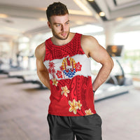 Red men’s tank top, sleeveless, island and flower graphic from side angle