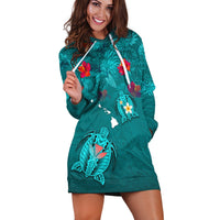 Hawaiian Islands Hoodie Dress - Hawaii Tropical Flowers and Turtles Turquoise LT13 - Wonder Print Shop