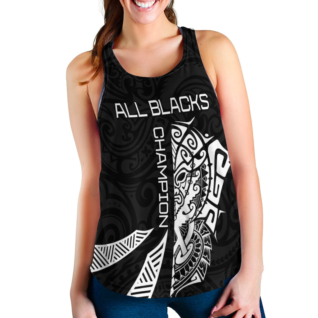 Black racerback tank with large All Blacks text and white Haka graphic front panel