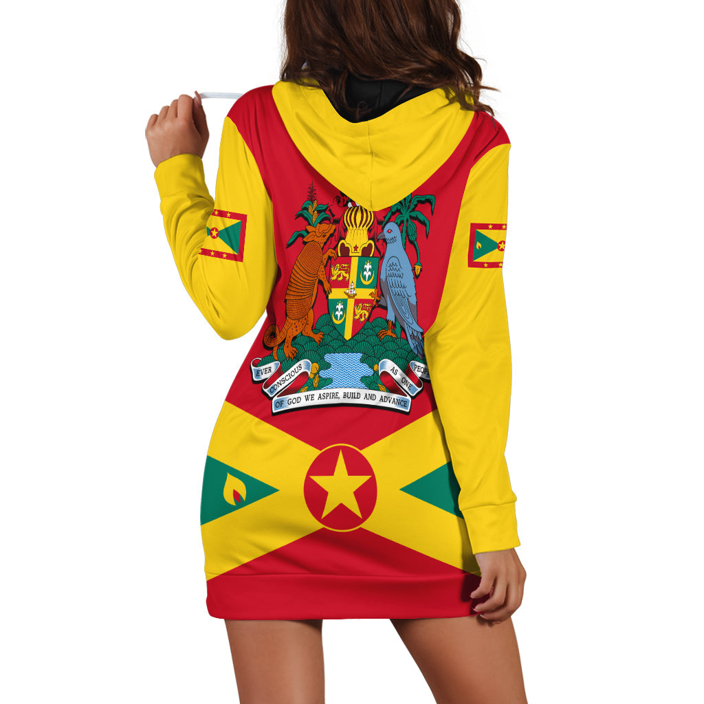 Back view Grenada hoodie dress with hood and coat-of-arms graphic on red/yellow