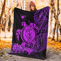 Polynesian throw blanket with large purple sea turtle on dark background, floral border