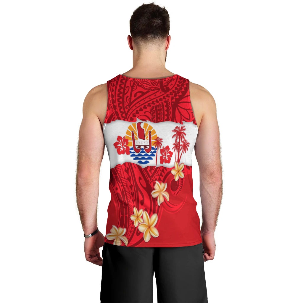 Red men’s tank top back view with island logo and hibiscus/floral pattern