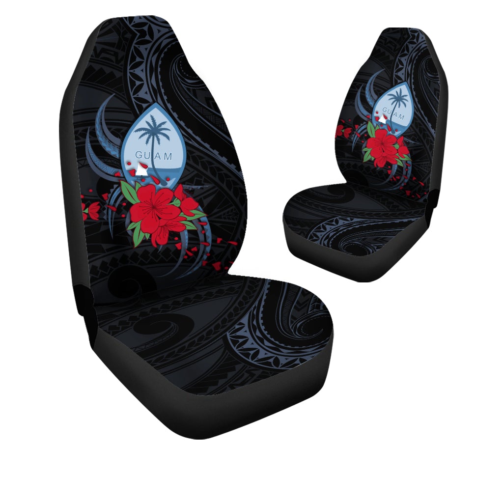 Pair of black seat covers with blue tribal swirls and red hibiscus; Guam logo on headrests.
