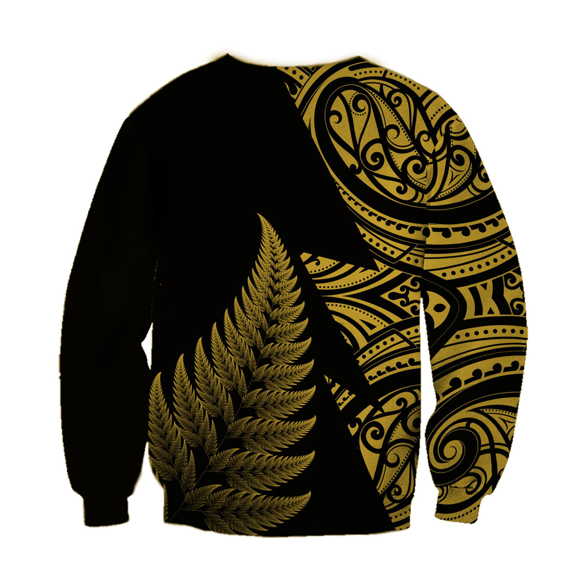 Unisex rugby sweatshirt, black with gold fern and Maori-style swirl panel on right side