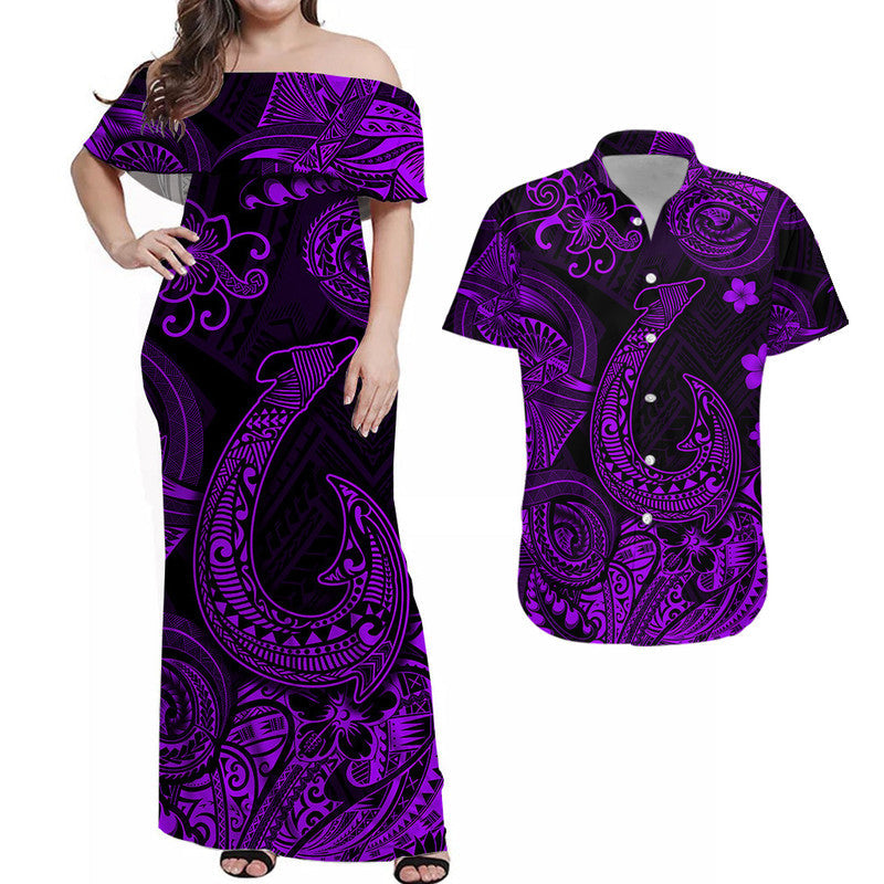 Polynesian Matching Hawaiian Outfits For Couples Hawaii Fish Hook Matching Hawaiian Shirt And Dress Unique Style - Purple LT8 - Wonder Print Shop