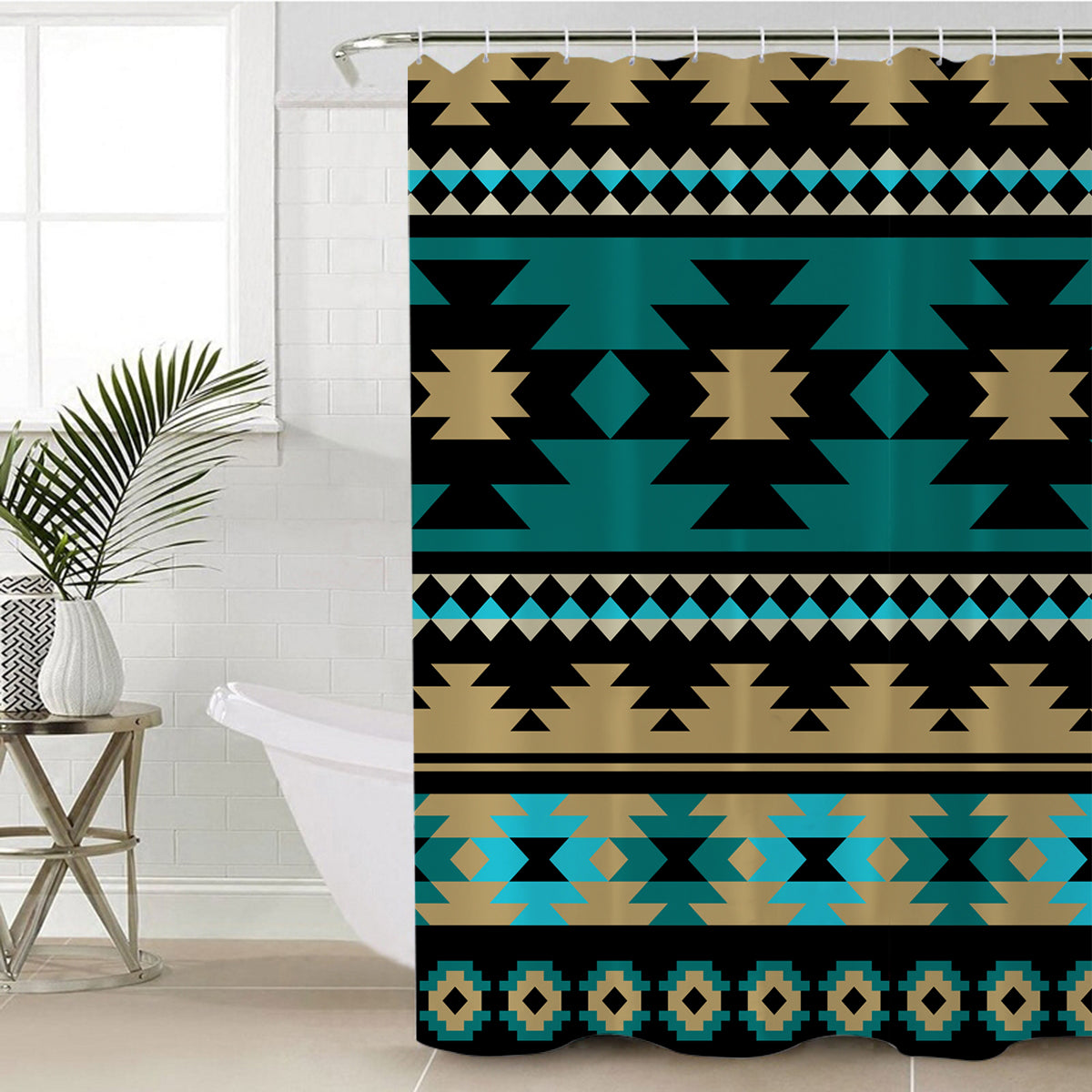 Multicolor ethnic Aztec pattern shower curtain with teal and black geometric bands