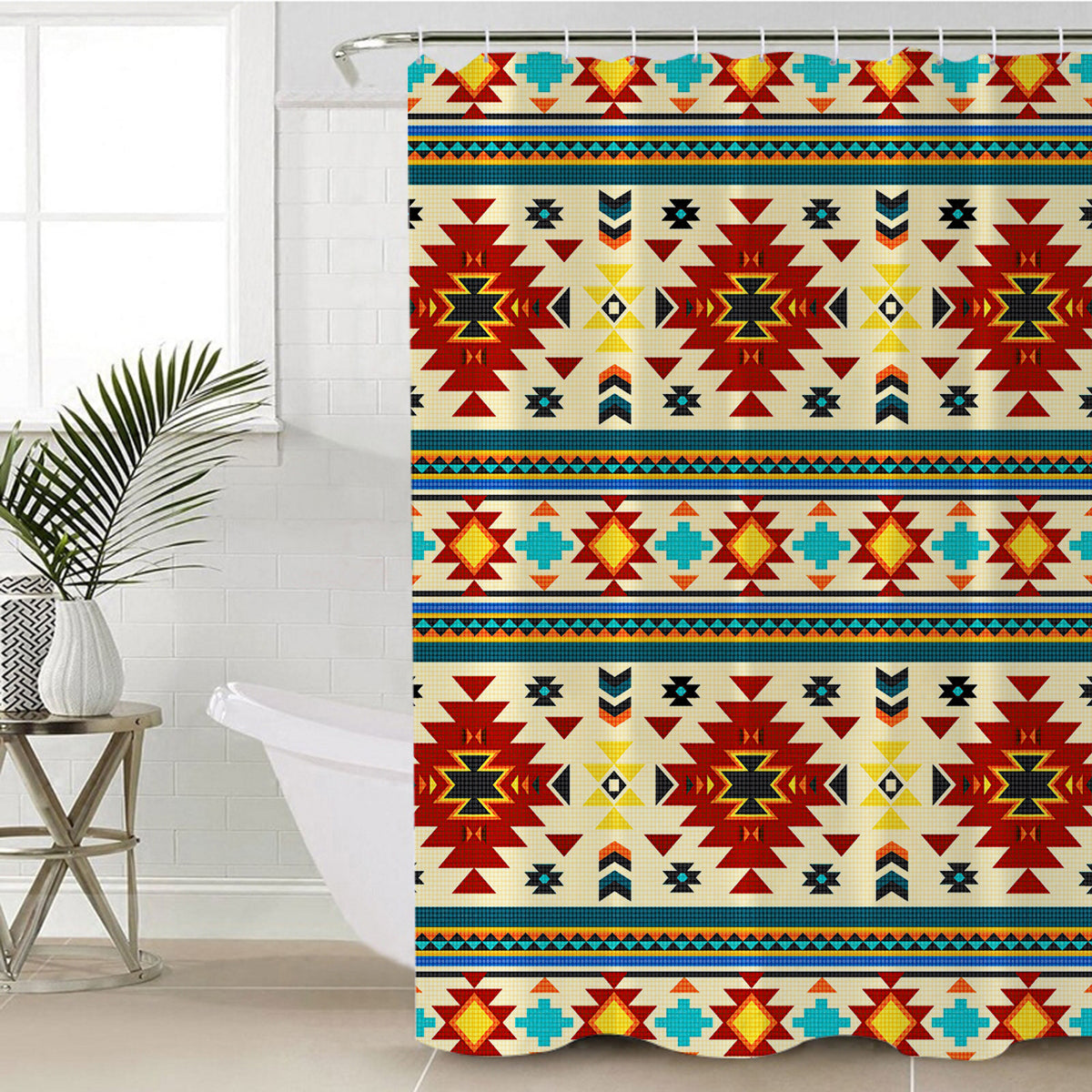 Southwest patterned shower curtain with multicolor geometric motifs