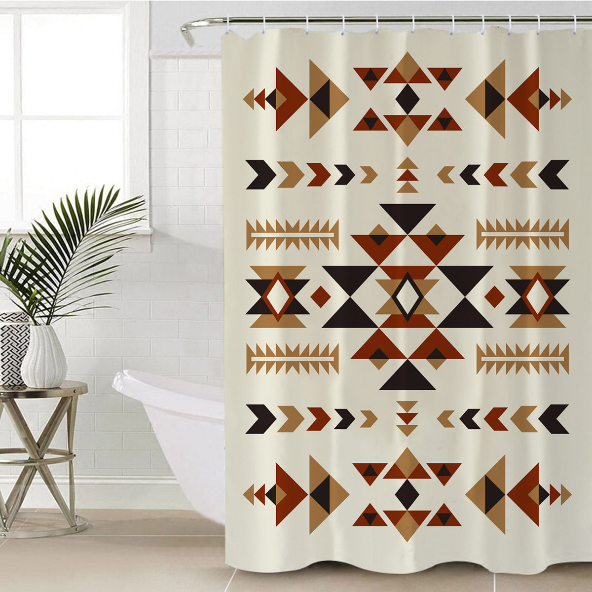 Multicolor geometric tribal shower curtain with top grommets on white background