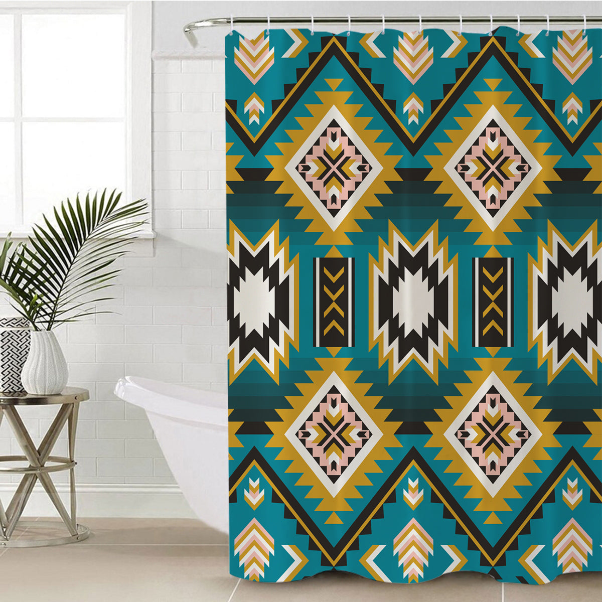 Turquoise geometric pattern shower curtain with bold zigzag and diamond motifs