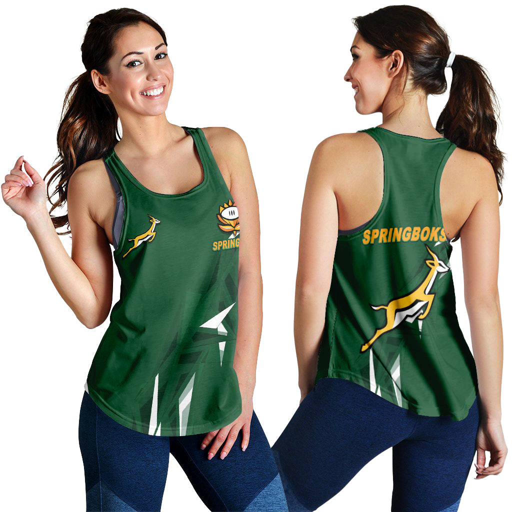 Green women's tank top with Springboks front and back prints, sleeveless