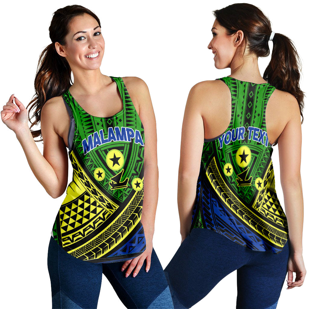 Green tribal print tank top shown front and back views.