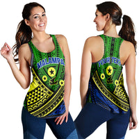 Green tribal print tank top shown front and back views.