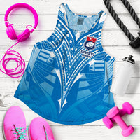 Blue women's rugby tank top flat lay, V-neck and abstract tribal-style graphic print