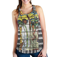 Women’s racerback tank with multicolor Ethiopian graphic print, crew neck