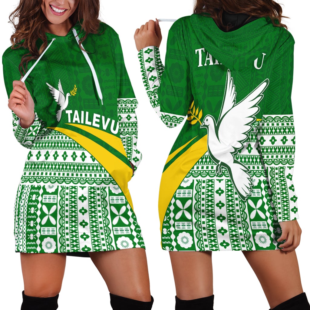 Tailevu Rugby Hoodie Dress Fiji Rugby Tapa Pattern Green LT13 - Wonder Print Shop