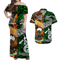 Green off-shoulder maxi dress and matching short-sleeve shirt, tribal print
