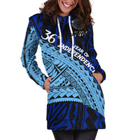 Blue hoodie dress with drawstring hood, large graphic panel and front pouch pocket