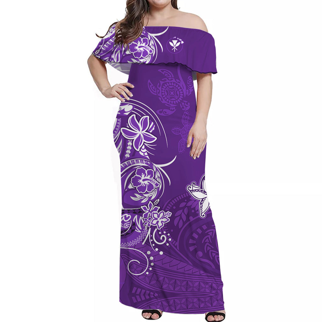 custom-personalised-hawaii-off-shoulder-long-dress-polynesia-purple-sea-turtle-honu-and-map