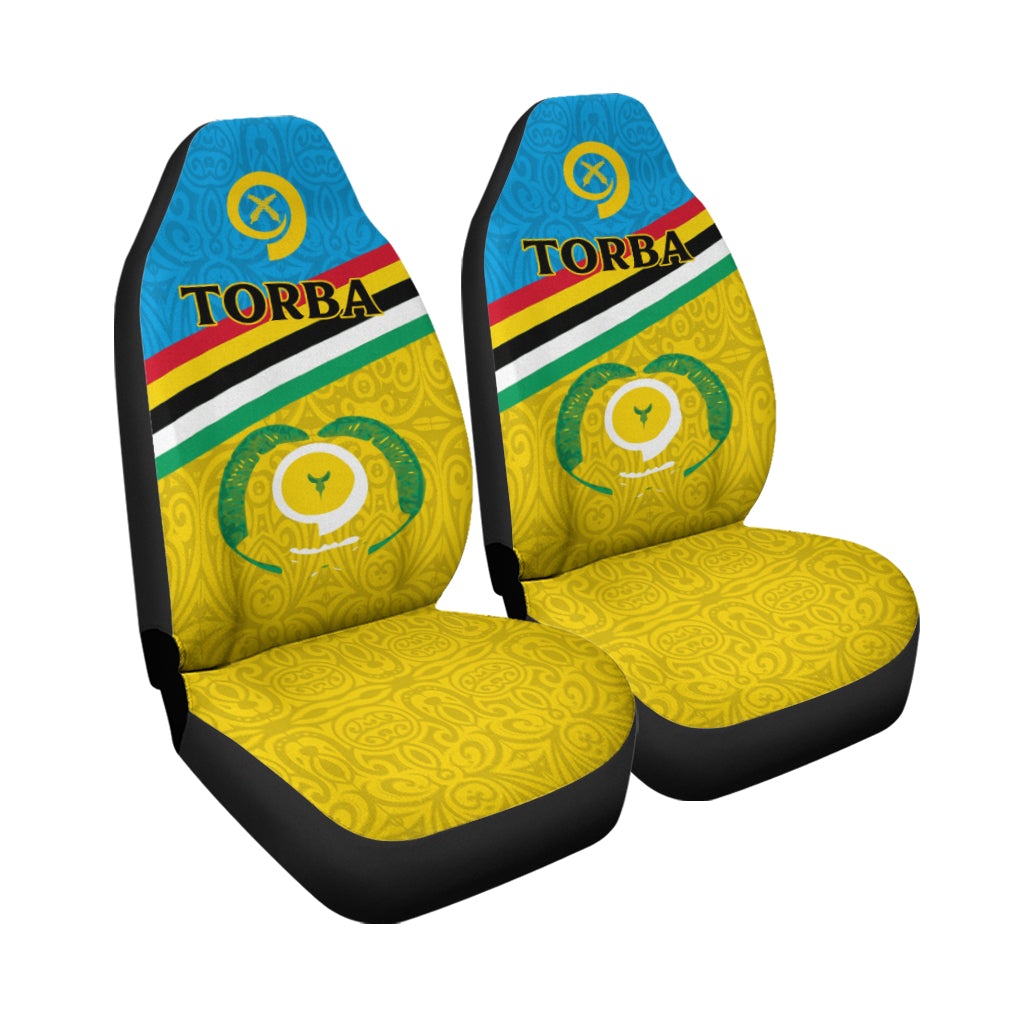 Torba flag car seat covers pair, blue upper panels and yellow patterned cushions with logo