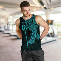 Men’s black tank top with turquoise Viking raven and sword graphic, sleeveless front
