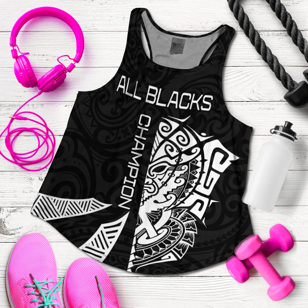 Black racerback tank with All Blacks and Haka logo-style graphic, sleeveless workout top