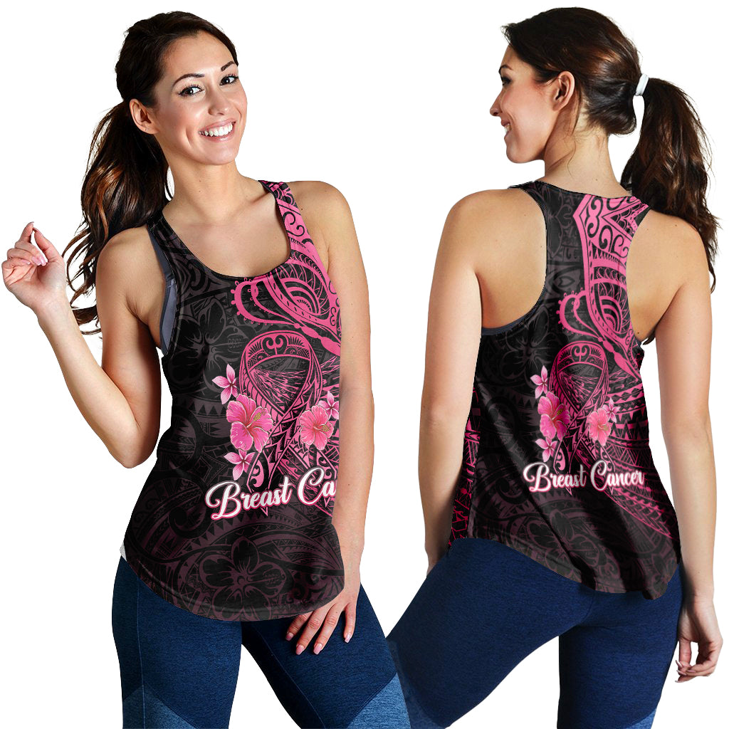 Women’s black tank top front and back with pink heart, flowers, Breast Cancer text