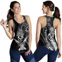 Women's black tank top with tribal owl graphic, sleeveless racer back