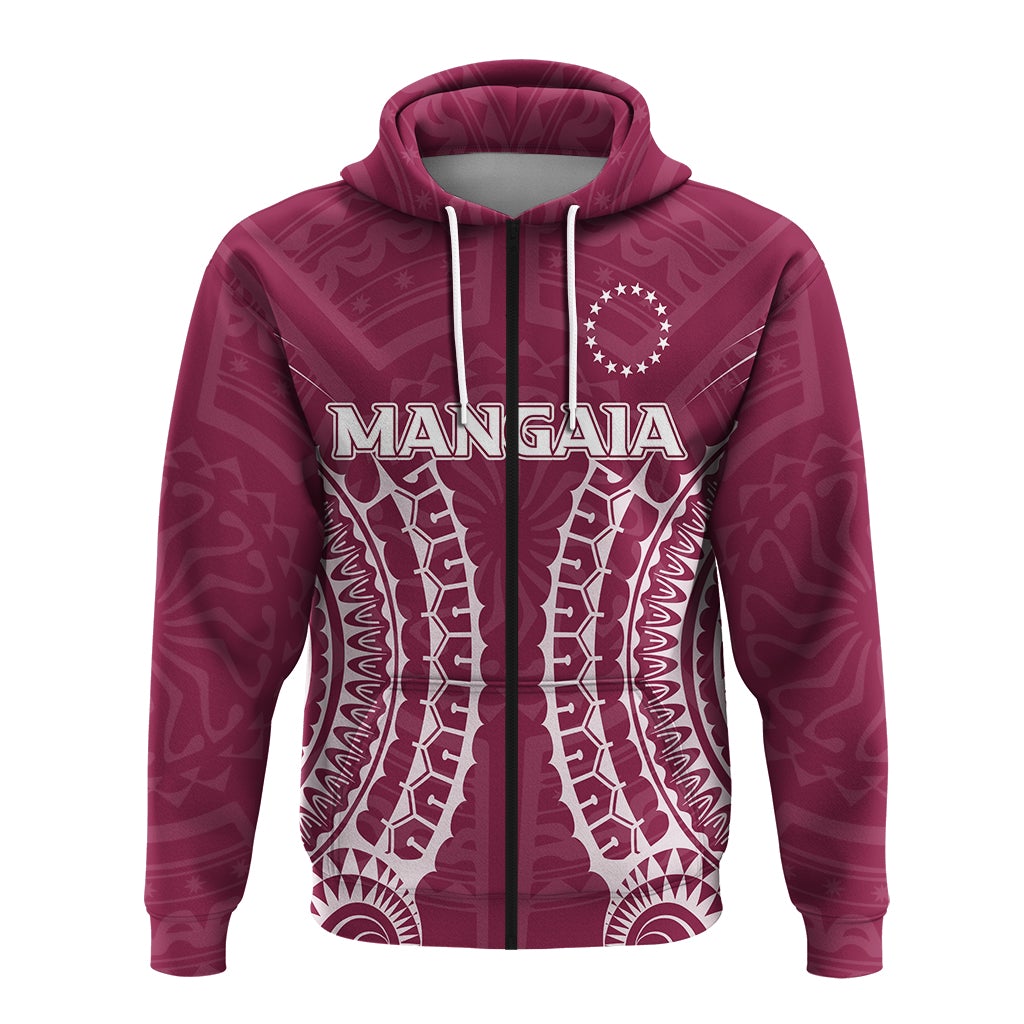 Pink zip hoodie with tribal pattern, MANGAAIA graphic on chest, white drawstrings