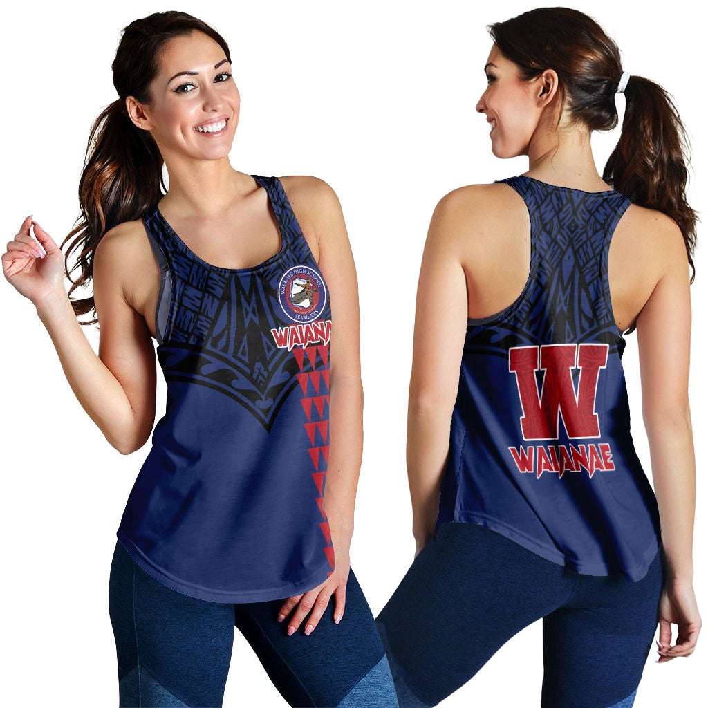 Blue Waianae pride tank shown front and back: red crest and large red W