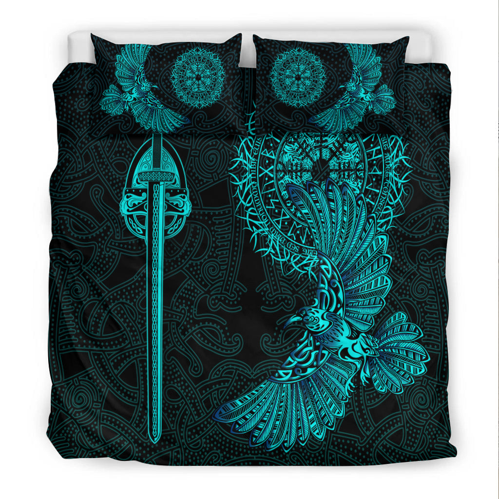 Black bedding set featuring teal raven tattoo and sword emblem over patterned background