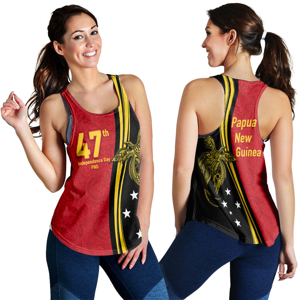 Women's tank top front/back: red and black 47 Independence Day graphic with yellow trim