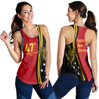 Women's tank top front/back: red and black 47 Independence Day graphic with yellow trim