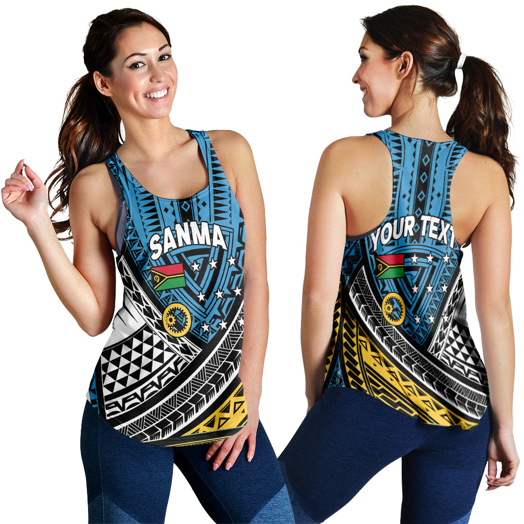 Blue tribal print women’s tank top, front view with bold central graphic