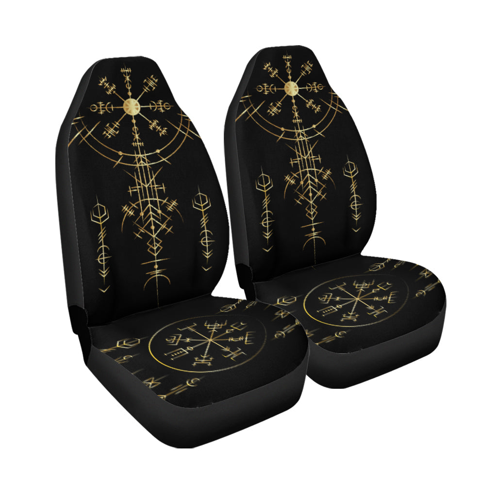 Set of black seat covers with gold Viking symbol medallions on cushions