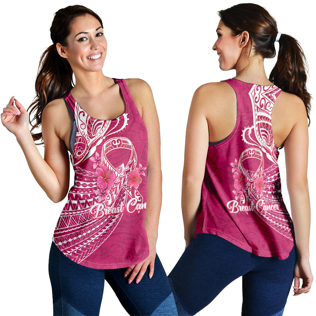 Women’s pink tank top with front and back white Polynesian floral breast-cancer print