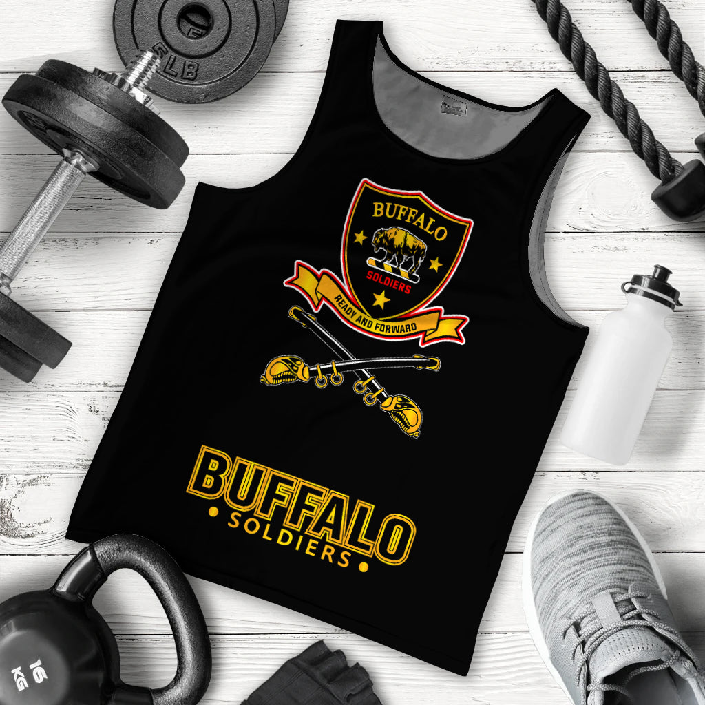 Black men’s tank top laid flat with Buffalo Soldiers front crest and text print